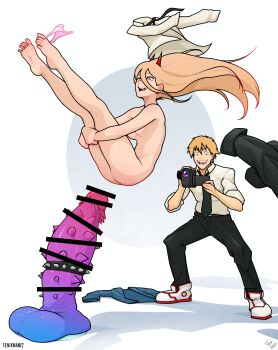 1boy 1girl absurdres airborne ass bar_censor barefoot black_necktie blonde_hair breasts camera censored chainsaw_man demon_girl demon_horns denji_(chainsaw_man) dildo feet fenixman12 full_body hair_between_eyes highres horns hugging_own_legs imminent_penetration jumping legs_apart long_hair medium_breasts midair monster_penis necktie nude open_mouth oversized_object panties panties_around_leg pants pink_panties pointless_censoring power_(chainsaw_man) recording red_horns sex_toy sharp_teeth shirt shoes smile sneakers soles spiked_dildo standing teeth thighs toes underwear unworn_clothes unworn_pants unworn_shirt video_camera white_footwear