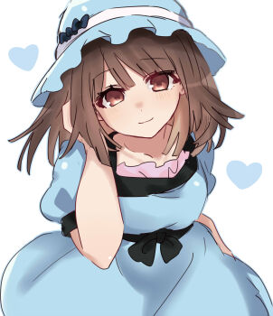 Rule 34 | 1girl, absurdres, adjusting hair, alternate eye color, blue dress, blue hat, brown eyes, brown hair, character request, check character, commentary, dress, eyes visible through hair, feet out of frame, hanazawa kana, hand up, hat, heart, highres, looking at viewer, monogatari (series), puffy short sleeves, puffy sleeves, science adventure, sengoku nadeko, shiina mayuri, shiina mayuri (cosplay), short hair, short sleeves, smile, solo, steins;gate, tsugumi (tgm 615486), voice actor connection, white background