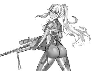 1girl absurdres anti-materiel_rifle ass bodysuit bolt_action breasts closed_mouth commentary cowboy_shot dark-skinned_female dark_skin expressionless from_behind girls&#039;_frontline girls&#039;_frontline_2:_exilium greyscale gun hair_between_eyes high_ponytail highres holding holding_gun holding_weapon io_troublemaker long_hair looking_at_viewer looking_back monochrome nemesis_(girls&#039;_frontline_2) official_alternate_costume ponytail rifle scope sig_san_511 simple_background sketch sniper_rifle solo symbol-only_commentary weapon white_background