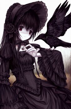 1girl animal_on_arm bare_tree bird bird_on_arm black_bonnet black_dress black_hair bonnet crow dearhakuto dress dry_grass frilled_bonnet frilled_dress frilled_sleeves frills gothic_lolita hair_between_eyes highres jewelry lolita_fashion long_hair looking_at_animal necklace original pale_skin puffy_sleeves red_eyes solo tree wide_sleeves