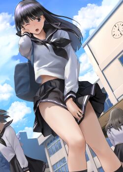 1girl 3girls ;o artist_request bag black_sailor_collar black_skirt highres knees_together_feet_apart long_hair long_sleeves looking_at_viewer low_angle midriff_peek multiple_girls neckerchief one_eye_closed open_mouth original sailor_collar school school_bag school_uniform serafuku skirt skirt_tug socks tagme thighhighs wince wind wind_lift