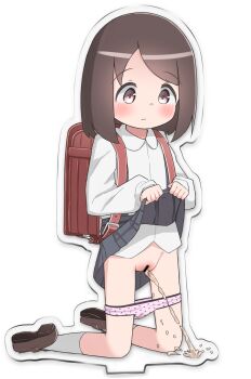 1girl backpack bag bar_censor black_skirt blush bow_print brown_eyes brown_hair brown_shoes censored clothes_lift crotch_seam figure flat_chest kneeling loli long_sleeves looking_down original panties panty_pull peeing pink_panties print_panties pussy randoseru school_uniform shirt shoes short_hair skirt skirt_lift socks udonko_(tinanago7715) underwear white_background white_shirt white_socks