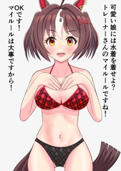 1girl ahoge alternate_costume animal_ears bikini breasts brown_eyes brown_hair cleavage collarbone commentary_request gran_alegria_(umamusume) hair_ornament highres horse_ears horse_tail i-ceis medium_breasts medium_hair open_mouth simple_background solo swimsuit tail translation_request umamusume white_background x_hair_ornament