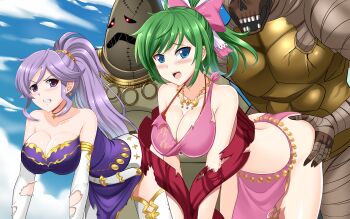 2girls absurdres all_fours bent_over blue_eyes boots bow breasts cleavage clothed_sex dress fire_emblem fire_emblem:_genealogy_of_the_holy_war gangbang grabbing_another&#039;s_ass green_hair groping group_sex highres ishtar_(fire_emblem) lene_(fire_emblem) monster multiple_girls nintendo ponytail purple_eyes purple_hair rape sex the-sinner thigh_boots torn_clothes undead zombie