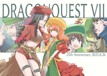 2025 2girls 4boys :d aira_(dq7) ancestor_and_descendant anniversary aqua_eyes armor black_hair blue_eyes brown_bustier brown_sash bustier chainmail commentary_request copyright_name cowboy_shot dated dragon_quest dragon_quest_vii dress facial_hair gabo green_eyes green_hat green_tabard grin hat hero_(dq7) highres index_finger_raised jacket jewelry kazaha_kai kiefer knight long_hair maribel_(dq7) multiple_boys multiple_girls mustache old old_man open_mouth red_dress red_hat red_jacket red_shorts shorts sir_mervyn smile tabard thighlet upper_body white_facial_hair wolf