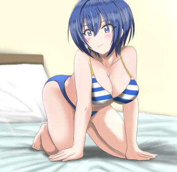 1girl all_fours bare_shoulders bikini blue_bikini blue_eyes blue_hair blush breasts cleavage closed_mouth collarbone commentary_request cowboy_shot dolphin_wave fingernails gluteal_fold hair_between_eyes highres indoors kneeling large_breasts looking_at_viewer mayakashi navel on_bed short_hair solo stomach swimsuit tojou_michiru white_bikini yellow_background