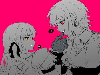 2girls amoris_(bang_dream!) bang_dream! bang_dream!_it's_mygo!!!!! biting biting_finger chinese_commentary commentary_request gloves greyscale_with_colored_background hair_ribbon heart highres long_hair multiple_girls oblivionis_(bang_dream!) pink_background pink_eyes ribbon short_hair sidelocks simple_background spoken_heart spot_color togawa_sakiko xmyishipi yellow_eyes yuri yuutenji_nyamu