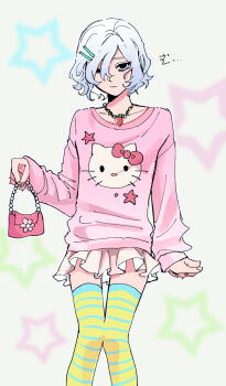 Rule 34 | 1boy, bag, bob cut, clenched hand, crossdressing, crossdressing (mtf), dungeon meshi, grey background, grey hair, hair ornament, hair over one eye, hairclip, heart, heart necklace, hello kitty print, highres, holding, holding bag, jacket, jewelry, male focus, miniskirt, mithrun, necklace, no pupils, no scar, one eye closed, parallel hairclips, pink jacket, pink purse, short hair, simple background, skirt, solo, star (symbol), star symbol background, striped clothes, striped thighhighs, thighhighs, trap, white skirt, zo na