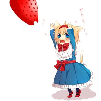 Rule 34 | 1girl, alice margatroid, animal ears, black pantyhose, blonde hair, blue dress, blue eyes, blush, bow, bowtie, capelet, cat ears, cat girl, cat tail, commentary request, dress, fang, food, fruit, hairband, kemonomimi mode, mary janes, medium hair, mini person, minigirl, open mouth, pantyhose, red bow, red bowtie, red hairband, red shoes, shoes, solo, strawberry, tail, tearing up, touhou, translated, tsuno no hito, white capelet