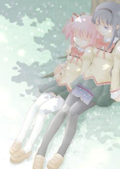 2girls against_tree akemi_homura arm_around_back black_hair black_hairband black_pantyhose black_skirt book bow bowtie brown_shoes closed_eyes closed_mouth collared_shirt colored_eyelashes commentary_request diamond_earrings earrings field flower flower_field full_body gem hair_ribbon hairband half-closed_eyes hand_on_hand high_collar jewelry jitome juliet_sleeves kaname_madoka kinoji lace lace-trimmed_shirt lace-trimmed_sleeves lace_trim leaning_on_person long_hair long_sleeves looking_at_another mahou_shoujo_madoka_magica mahou_shoujo_madoka_magica:_hangyaku_no_monogatari miniskirt multiple_girls on_grass open_book pantyhose parted_lips pink_hair plaid_clothes plaid_skirt pleated_skirt pocket puffy_sleeves purple_eyes purple_gemstone red_bow red_bowtie red_ribbon ribbon ring shade shirt shoes short_hair short_twintails sidelocks single_earring sitting skirt sleeping smile straight_hair thighhighs tree twintails under_tree uwabaki white_flower white_thighhighs yellow_shirt yuri zettai_ryouiki