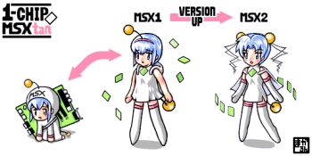 1chip_msx 1chip_msx-tan 1girl arrow_(symbol) bare_shoulders blue_hair boots cape capelet clothes_writing computer dress elbow_gloves english_text evolution full_body gloves hair_ornament hairband hand_on_own_hip hip_focus looking_at_viewer moe_(phrase) msx msx-tan msx2 os-tan personification progression second-party_source short_dress short_hair simple_background sleeveless sleeveless_dress smile standing text_focus thigh_boots thighhighs transformation white_background white_capelet white_dress white_footwear white_gloves zettai_ryouiki