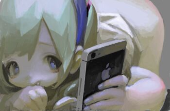 Rule 34 | bad drawr id, bad id, bent over, blue headband, cellphone, green hair, headband, holding, holding phone, iphone, looking at phone, nail polish, no pants, oekaki, original, phone, shiratsuyu mone, smartphone