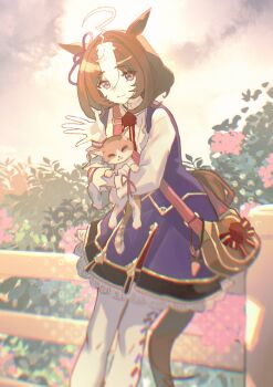 1girl absurdres animal animal_ears brown_hair cat closed_mouth dress gloves hair_between_eyes highres holding holding_animal horse_ears horse_girl horse_tail looking_at_viewer medium_hair meisho_doto_(umamusume) multicolored_hair pantyhose peemy purple_dress purple_eyes red_ribbon ribbon shirt smile solo tail two-tone_hair umamusume waving white_gloves white_hair white_pantyhose white_shirt