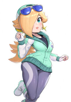 1girl absurdres aqua_jacket backwards_hat blonde_hair blue_eyes blue_jacket blue_leggings blush boots closed_mouth earrings eyewear_on_head fingerless_gloves gloves gonzarez hair_over_one_eye hat highres jacket jewelry leggings long_hair long_sleeves looking_at_viewer mario_(series) mario_kart mario_kart_world nintendo official_alternate_costume one_eye_covered ponytail rosalina rosalina_(touring) simple_background smile solo star_(symbol) star_earrings sunglasses white_background white_gloves