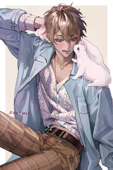 1boy :q adapted_costume animal animal_on_shoulder aran_sweater arm_behind_head arm_up belt belt_buckle black_belt blue_jacket blush border brown_eyes brown_hair brown_pants buckle cable_knit closed_mouth collarbone crystal_necklace dated ear_piercing earrings eiden_(nu_carnival) ermine hair_between_eyes highres jacket jewelry licking_lips long_sleeves looking_at_animal male_focus midriff_peek necklace nu_carnival open_clothes open_jacket owner_bird pants pendant piercing plaid_clothes plaid_pants pocket shirt short_hair simple_background sitting smile solo sweater tongue tongue_out topper_(nu_carnival) weasel white_border white_sweater