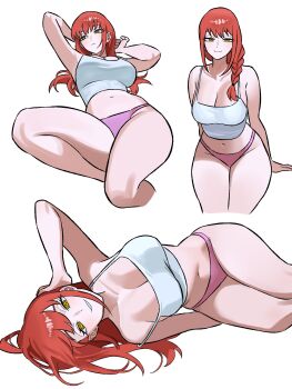 1girl absurdres arm_up armpits arms_behind_back bare_arms bare_legs bare_shoulders braid breasts chainsaw_man cleavage closed_mouth collarbone grin groin hair_over_shoulder hand_on_own_head hand_rest hand_up highres knee_up large_breasts legs_together long_hair long_sidelocks looking_at_viewer low-tied_long_hair lying makima_(chainsaw_man) multiple_views navel no_pants on_side panties pink_panties red_hair ringed_eyes side_braid sidelocks sideways_glance simple_background smile spaghetti_strap tank_top teeth thighs underwear very_long_hair white_background white_tank_top yellow_eyes zeon_(zzeeonn)