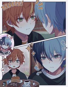 2boys aoyagi_touya badtz-maru blush charm_(object) closed_mouth coffee commentary cup earrings eating english_commentary flower food green_eyes grey_eyes heart highres jewelry looking_at_another male_focus miyotastic mole mole_under_eye multicolored_hair multiple_boys orange_hair pancake pochacco project_sekai sanrio shinonome_akito single_earring sparkle table yaoi