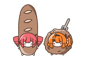 2girls a.i._voice adachi_rei baguette bread chibi chibi_only chicken_(food) drill_hair food fork fried_chicken hair_ornament hair_ribbon hairclip headlamp highres in_food kasane_teto looking_at_viewer medium_hair mei_(meiday_mise) multiple_girls no_mouth no_nose one_side_up orange_hair oversized_food oversized_object radio_antenna red_hair ribbon simple_background standing straight-on twin_drills utau white_background white_ribbon