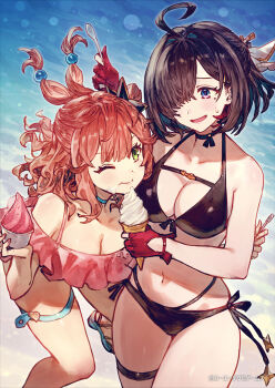 2girls ahoge atelier_(series) atelier_yumia benitama bikini black_bikini black_choker black_hair blue_choker breasts choker closed_mouth commentary_request copyright_notice food green_eyes hair_ornament hair_over_one_eye highres holding holding_food holding_ice_cream ice_cream isla_von_duerer medium_breasts mole mole_under_eye multiple_girls official_art one_eye_closed pink_bikini purple_eyes red_hair sandals second-party_source short_hair side-tie_bikini_bottom small_sweatdrop soft_serve swimsuit thigh_strap yumia_liessfeldt