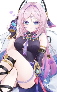 1girl :q absurdres asymmetrical_gloves black_gloves black_leotard blue_eyes breasts can citlali_(genshin_impact) citlalin_(genshin_impact) closed_mouth commentary_request crossed_legs cryo_symbol_(genshin_impact) facial_mark fingerless_gloves floating_headgear forehead_mark genshin_impact gloves hand_up headgear heart heattech_leotard highres holding holding_can iroha_(mimi0618xx) large_breasts leotard long_hair looking_at_viewer multicolored_hair pink_hair pink_pupils purple_hair simple_background sitting solo tongue tongue_out turtleneck uneven_gloves very_long_hair vision_(genshin_impact) white_background