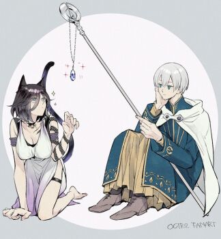 1boy 1girl animal_ears black_hair blue_eyes blue_gemstone boots breasts brown_boots cape cat_ears cat_girl cat_tail cleavage commentary_request double-parted_bangs gem grel_(r6hgvu5) hair_between_eyes holding holding_staff jewelry kemonomimi_mode large_breasts necklace octopath_traveler octopath_traveler_ii short_hair sitting snake_tattoo sparkle staff tail tattoo temenos_mistral throne_anguis white_cape white_hair