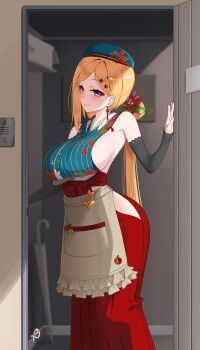 Rule 34 | 1girl, absurdres, aki rosenthal, aki rosenthal (new year), apron, beret, black arm warmers, blonde hair, blue eyes, blue hat, blue kimono, blurry, blurry background, breasts, closed mouth, closed umbrella, commentary, detached hair, doorway, english commentary, feet out of frame, floral print, floral print kimono, grey apron, hakama, hakama skirt, hat, highres, hololive, japanese clothes, kimono, large breasts, long skirt, looking at viewer, ponytail, print kimono, red skirt, side slit, sideboob, skirt, sleeveless, sleeveless kimono, smile, solo, tasty (dudwofla), umbrella, virtual youtuber, waist apron