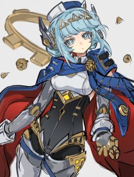 1girl absurdres blue_eyes blue_hair blunt_bangs bolt_(hardware) breasts cape closed_mouth genshin_impact grey_background hair_ornament hair_up hat head_tilt headpiece highres hood hood_down humanoid_robot ineffa_(genshin_impact) joints koua_(201409) looking_at_viewer looking_to_the_side medium_breasts multicolored_eyes robot robot_girl robot_joints shade simple_background solo tools