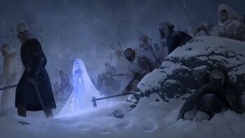 a_song_of_ice_and_fire absurdres army blue_skin breasts colored_skin completely_nude crowd glowing_skin highres holding holding_sword holding_weapon monster_girl night nipples nude small_breasts snow snowing sword wass_nonnam weapon white_walker_(a_song_of_ice_and_fire)