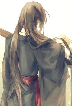 Rule 34 | 2boys, ahoge, aki uzuzame, black hair, black hanfu, chinese clothes, commentary request, facing away, from behind, hair down, hanfu, highres, holding another's hair, implied yaoi, lan wangji, long hair, long sleeves, male focus, modao zushi, multiple boys, out of frame, railing, red sash, robe, sash, simple background, solo focus, twitter username, very long hair, wei wuxian, white background, wide sleeves