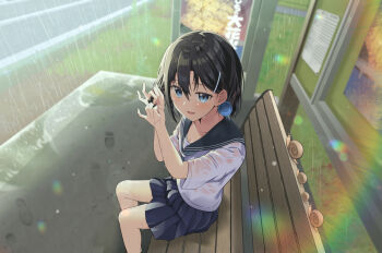 1girl :d absurdres animal black_hair black_sailor_collar black_skirt blue_eyes bra bra_peek breasts bus_stop cac_itinose cleavage collarbone commentary_request day hair_between_eyes hair_ornament hairclip hands_up highres on_bench open_mouth original outdoors pleated_skirt rain sailor_collar school_uniform see-through_clothes see-through_shirt serafuku shirt sitting skirt small_breasts smile snail solo underwear wet wet_clothes wet_shirt white_bra