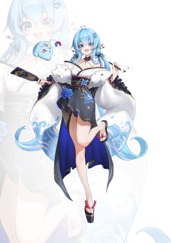 Rule 34 | absurdres, ahoge, arahashi tabi, bare shoulders, black sandals, blue eyes, blue hair, breasts, calligraphy brush, cleavage, full body, hair ornament, highres, holding, holding calligraphy brush, holding paintbrush, long hair, long sleeves, looking at viewer, paintbrush, sandals, sibo, simple background, solo, standing, standing on one leg, stellive, teeth, upper teeth only, very long hair, virtual youtuber, white background, wide sleeves, zoom layer