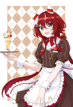 1girl absurdres animal_ears apron blush border bow bow_choker brown_shirt brown_skirt choker commentary_request ear_covers food frilled_apron frills green_eyes hair_between_eyes highres holding holding_tray horse_ears horse_girl horse_tail kanameyuzuriha long_hair looking_at_viewer low_twintails multicolored_hair open_mouth outside_border parfait red_bow red_choker red_hair shirt skirt smile solo streaked_hair tail tray twintails umamusume waist_apron white_apron white_border white_streaks white_wrist_cuffs win_variation_(umamusume) wrist_cuffs