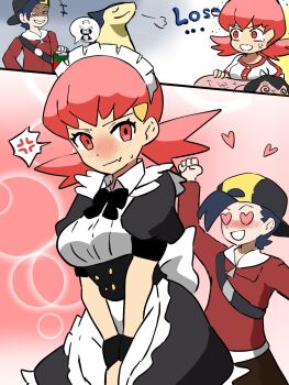 1boy 1girl apron blush ethan_(pokemon) gen_2_pokemon heart heart-shaped_pupils highres maid maid_apron makademia nintendo pokemon pokemon_(creature) pokemon_hgss ponytail red_hair side_ponytail symbol-shaped_pupils typhlosion whitney_(pokemon)