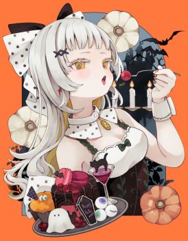 1girl bat_(animal) border bow breasts cake candle cat choppy_bangs cleavage cocktail cocktail_glass collar commentary cropped_torso cup cupcake detached_collar drinking_glass english_commentary english_text eyeball food ghost grey_hair hair_bow hair_ornament halloween hand_up happy_halloween highres holding_utensil imminent_eating long_hair looking_at_viewer looking_to_the_side multicolored_bow open_mouth orange_border original outside_border polka_dot polka_dot_bow polka_dot_collar shirt sideways_glance sleeveless sleeveless_shirt solo tabi_0v0 tray two-tone_shirt watermark white_collar white_wrist_cuffs wrist_cuffs x_hair_ornament yellow_eyes