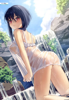 1girl absurdres armpit_crease artist_name ass bare_arms bare_legs black_hair blue_sky blush breasts camisole closed_mouth clothes_tug cloud cloudy_sky covered_erect_nipples cowboy_shot day dengeki_moeoh from_behind from_below furrowed_brow highres kneeling kuuron large_breasts looking_at_viewer looking_back looking_down magazine_scan medium_hair original outdoors page_number pout red_eyes scan see-through_camisole see-through_clothes sky solo thighs third-party_source tree water water_drop waterfall wet wet_clothes wet_hair white_camisole