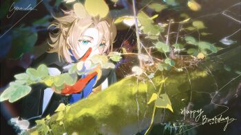 1boy absurdres albedo_(genshin_impact) artist_name bad_link black_gloves blonde_hair blue_eyes blue_shirt braid chinese_commentary closed_mouth coat commentary_request dated genshin_impact gloves hair_between_eyes half_up_half_down_braid hand_up happy_birthday highres leaf log long_hair looking_at_viewer male_focus moss outdoors qingzhi_cyanide shirt short_sleeves silk solo spider_web upper_body white_coat