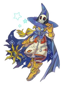 Rule 34 | 1boy, blonde hair, blue cape, blue eyes, blue hat, blue skin, bodysuit, boots, brown bodysuit, brown vest, cape, colored skin, confeito000 333, covered mouth, digimon, digimon (creature), full body, gloves, hat, highres, holding, holding staff, long hair, simple background, solo, staff, vest, white background, wizard hat, wizarmon, yellow boots, yellow gloves, zipper