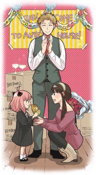 1boy 2girls ahoge alex_(sandora) anya_(spy_x_family) black_dress black_hair black_pantyhose black_shoes blonde_hair boots border bouquet box brown_eyes bunting buttons cardboard_box child clapping closed_eyes closed_mouth commentary_request dress english_text fading_border flower food full_body green_eyes green_pants green_vest hairband hairpods happy highres holding holding_food long_sleeves mary_janes multiple_girls neck_ribbon necktie off-shoulder_sweater off_shoulder pants pantyhose peanut profile red_flower red_necktie red_sweater ribbon scene_reference shirt shoes short_hair short_hair_with_long_locks smile socks spy_x_family squatting standing sweater sweater_dress tearing_up twilight_(spy_x_family) very_short_hair vest waistcoat white_boots white_shirt white_socks yor_briar