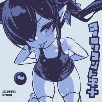 1girl ;p arms_behind_back backbeako_(torotei) backbeard blue_background blue_theme blush breasts closed_mouth commentary dated dated_commentary from_above gegege_no_kitarou hair_over_one_eye hair_ribbon kono_lolicon_domome loli long_hair looking_at_viewer monochrome one-piece_swimsuit one_eye_closed original paid_reward_available pear-shaped_figure pointy_ears ribbon school_swimsuit simple_background skindentation small_breasts smile solo sweat swimsuit thighhighs thighs tongue tongue_out torotei translated twintails watermark web_address