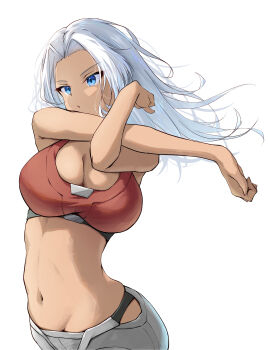 1girl absurdres bare_arms bare_shoulders blue_eyes breasts cleavage commentary elma_(xenoblade_x) grey_pants highres large_breasts long_hair navel okazu2010015 pants red_sports_bra solo sports_bra stomach stretching upper_body white_hair xenoblade_chronicles_(series) xenoblade_chronicles_x