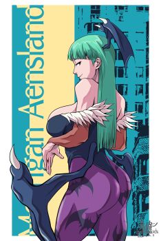 Rule 34 | 1girl, animal print, artist name, ass, bare shoulders, bat print, black leotard, blunt bangs, breasts, bridal gauntlets, character name, cowboy shot, darkstalkers, fur-trimmed leotard, fur trim, green eyes, green hair, half-closed eyes, head wings, highres, large breasts, leotard, low wings, mimiyama kiichi, morrigan aensland, pantyhose, print pantyhose, profile, purple pantyhose, seductive gaze, seductive smile, smile, solo, strapless, strapless leotard, thighs, thong leotard, wings