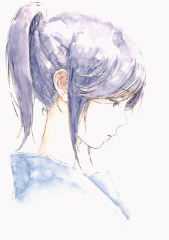 Rule 34 | 1girl, absurdres, bbmasa, black hair, blue background, blue eyes, blue hair, blue sailor collar, commentary, from side, gradient background, hibike! euphonium, highres, kasaki nozomi, liz to aoi tori, looking down, medium hair, ponytail, portrait, profile, sailor collar, solo, traditional media