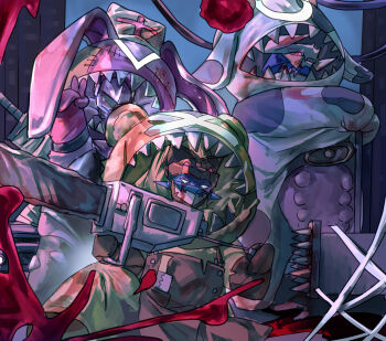 costume digimon digimon_(creature) duftmon dynasmon highres horns looking_at_viewer lordknightmon sharp_teeth teeth what