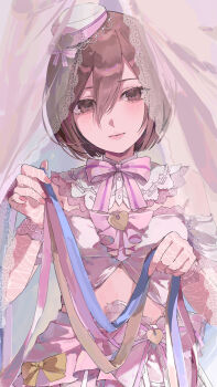 1girl 25-ji_meiko absurdres aegyo_sal bare_shoulders bob_cut bow bow_skirt bowtie breasts brown_eyes brown_hair buttons closed_mouth commentary_request crop_top cropped_shirt curtains detached_collar double-parted_bangs elbow_gloves fingernails fishnets gloves grey_background hair_between_eyes hands_up hat hat_bow hat_ornament hat_tip head_tilt heart heart_hat_ornament highres holding holding_ribbon kani_samurai lace lace-trimmed_bow lace-trimmed_shirt lace_gloves lace_trim lips looking_at_viewer meiko_(vocaloid) midriff off-shoulder_shirt off_shoulder official_alternate_costume pink_bow pink_bowtie pink_skirt project_sekai ribbon secret_distance_(project_sekai) see-through_curtains shirt short_hair short_sleeves simple_background skirt small_breasts solo standing straight-on striped_bow striped_bowtie striped_clothes upper_body vocaloid white_bow white_hat white_shirt yellow_bow