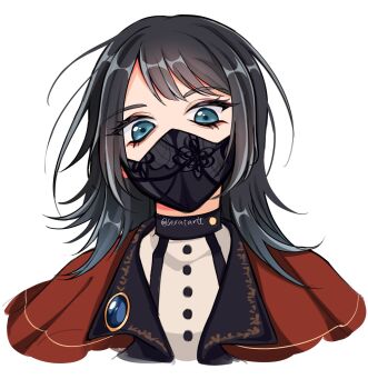 1girl aqua_eyes bang_dream! bang_dream!_it&#039;s_mygo!!!!! black_hair black_vest buttons capelet commentary earrings english_commentary floral_print highres jewelry long_hair looking_at_viewer mask medium_hair mouth_mask portrait print_vest red_capelet seratartt shirt simple_background solo timoris_(bang_dream!) twitter_username vest white_background white_shirt yahata_umiri