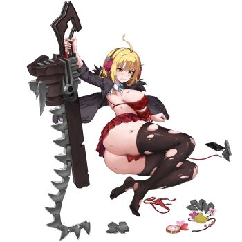 Rule 34 | 1girl, ahoge, ass, black jacket, black thighhighs, blonde hair, blush, bra, bracelet, breasts, broken, broken phone, broken screen, broken weapon, bruise, bruise on arm, bruise on chest, chainsaw, charm (object), checkered clothes, checkered skirt, clenched teeth, collared shirt, donut, flower, food, frog, full body, fur-trimmed jacket, fur trim, hair ornament, haru estia, headphones, heart, highres, holding, holding sword, holding weapon, huge ass, injury, jacket, jewelry, lace, lace-trimmed bra, lace-trimmed panties, lace bra, lace panties, lace trim, large breasts, last origin, looking at viewer, lying, micro panties, miniskirt, non-web source, official alternate costume, official art, on side, open clothes, open jacket, panties, pink flower, pleated skirt, red bra, red panties, red skirt, shirt, short hair, sideboob, simple background, skirt, solo, soulworker, sword, tachi-e, tearing up, teeth, thick thighs, thighhighs, thighs, torn clothes, torn panties, torn shirt, torn thighhighs, transparent background, u-rix, underboob, underwear, unworn panties, v-shaped eyebrows, weapon, white shirt, yellow eyes