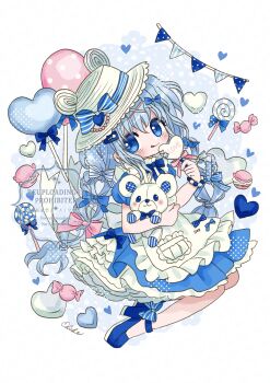 1girl :p absurdres apron artist_name blue_bow blue_dress blue_eyes blue_hair blue_ribbon blue_shoes bow candy chiko_(star_pocco) commentary_request dress food hair_ornament hat heart highres holding juliet_sleeves light_blush long_sleeves looking_at_viewer original pink_bow pink_ribbon pocket puffy_sleeves ribbon shoes short_sleeves simple_background stuffed_animal stuffed_toy teddy_bear tongue tongue_out twintails wavy_hair white_apron white_bow white_day x_hair_ornament