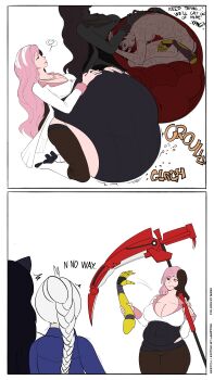 5girls bad_end black_hair blake_belladonna breast_expansion breasts cleavage completely_nude cramped death defeat digesting_girl digestion english_text horrified imminent_death lampton large_breasts multicolored_hair multiple_girls neopolitan_(rwby) nude pink_hair prosthesis prosthetic_arm ruby_rose rwby simple_background sound_effects stomach_growling trembling vore weight_gain weiss_schnee white_background white_hair yang_xiao_long