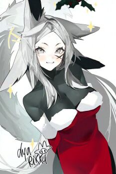 Rule 34 | 1girl, animal ears, arms behind back, black bodysuit, bodysuit, breasts, cleavage, colored skin, dress, dyarikku, dyarikku (vtuber), facial mark, fox ears, fox girl, grey eyes, grey hair, highres, indie virtual youtuber, large breasts, long hair, looking at viewer, mistletoe, red dress, santa costume, santa dress, skin tight, smile, solo, star (symbol), tail, very long ears, virtual youtuber, white background, white skin, x (symbol), x facial mark