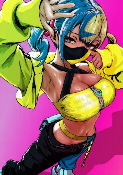 1girl absurdres aqua_hair bandeau belt black_mask black_pants blonde_hair blue_pants breasts canari_(pokemon) center-flap_bangs cleavage criss-cross_halter criss-cross_straps crop_top cropped_jacket curly_sidelocks halterneck highres jacket large_breasts looking_at_viewer mask mega_ring mega_stone midriff mouth_mask multicolored_hair navel nintendo oeilvert_fft pants pink_background pokemon pokemon_legends:_z-a shoes short_twintails simple_background solo split-color_clothes split-color_hair stomach twintails two-tone_hair two-tone_mask two-tone_pants watermark yellow_bandeau yellow_jacket yellow_mask